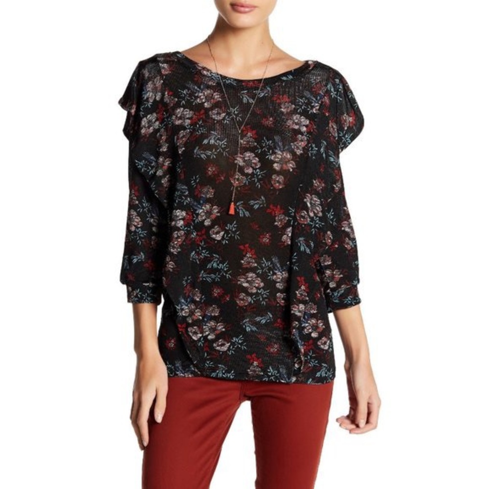 *Free People  Stretch Knit Floral Ruffle Top XS- P-4